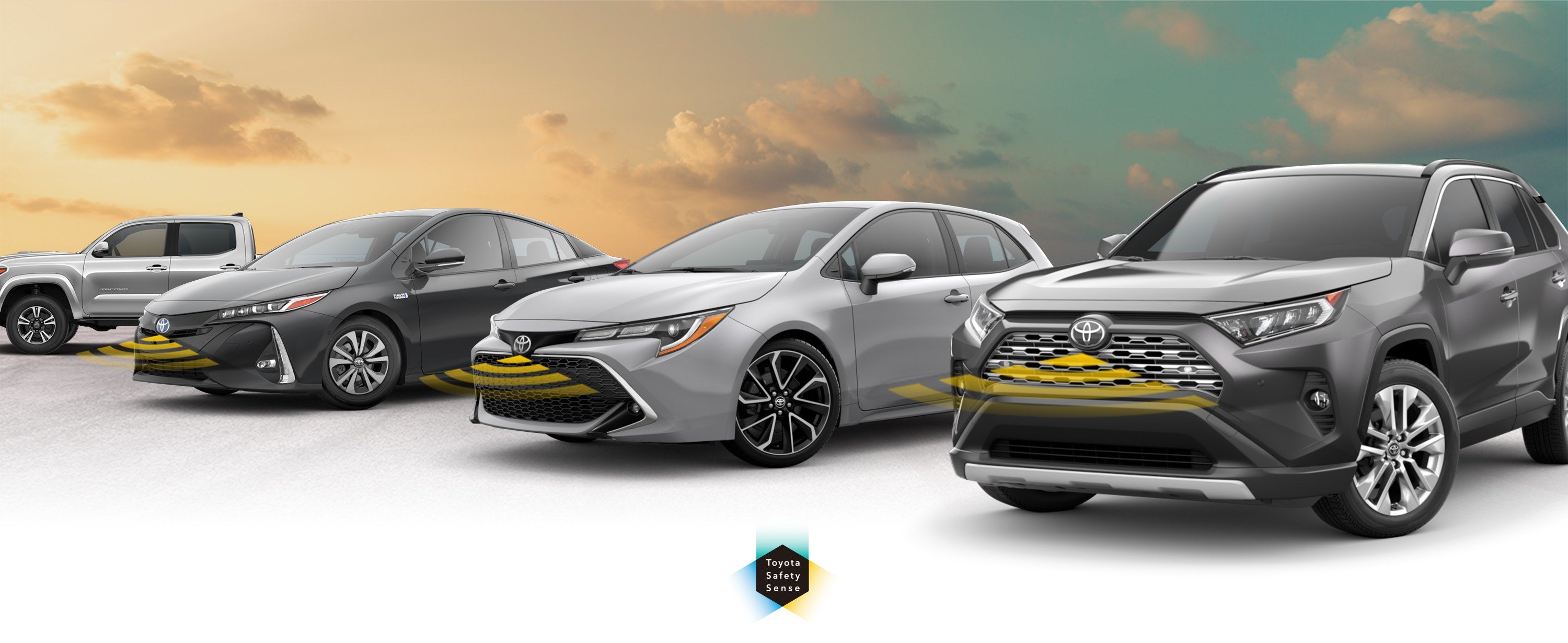 Toyota Safety Sense: Designed for Safety. Options shown on Toyota models including RAV4, Tacoma, and Camry, available now at Toyota World of Clinton in Clinton NJ.